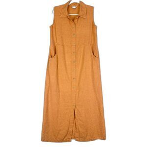 Ivy Linen Blend Midi Shirt Dress Size Medium Orange Lagenlook Coastal Vacation